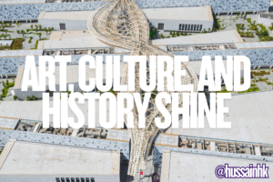 Aerial view of the Sheikh Abdullah Al Salem Cultural Centre showcasing its unique wooden lattice structure and modern architecture