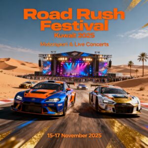 Road Rush Festival Kuwait 2025 banner featuring motorsport and concert elements
