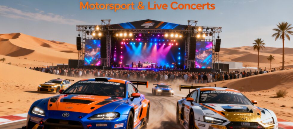 Road Rush Festival Kuwait 2025 banner featuring motorsport and concert elements