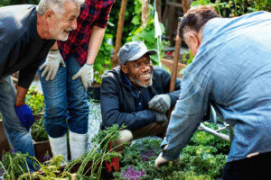 Community volunteers working together in a garden to nurture plants and foster community spirit