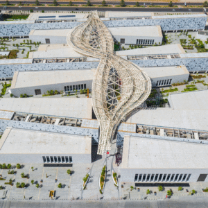 Aerial view of the Sheikh Abdullah Al Salem Cultural Centre showcasing its unique wooden lattice structure and modern architecture