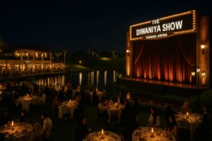 “Nighttime dining experience at The Diwaniya Show in Sahara Arena Kuwait, featuring a Broadway-style theater stage beside a lakeside seating area.”