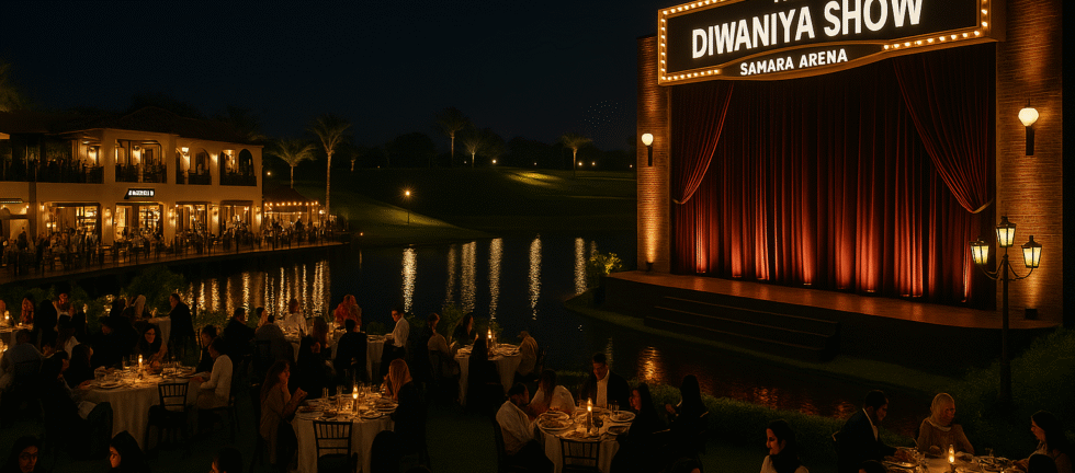 “Nighttime dining experience at The Diwaniya Show in Sahara Arena Kuwait, featuring a Broadway-style theater stage beside a lakeside seating area.”