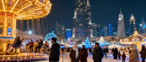 Winter Wonderland Festival in Kuwait with city backdrop