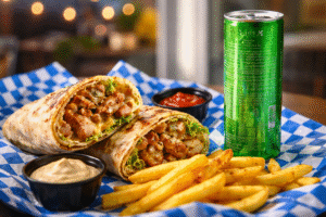 A close-up of a chicken shawarma wrap with crispy fries, dipping sauces, pickles, and a chilled green soda on a blue checkered tray at a casual restaurant in Kuwait.