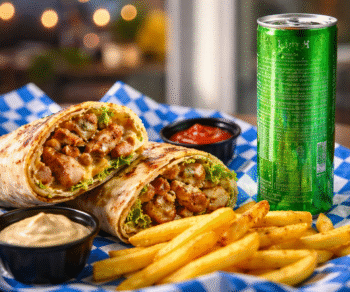 5ef67607-9cce-4103-9deb-22cfb981a567 A close-up of a chicken shawarma wrap with crispy fries, dipping sauces, pickles, and a chilled green soda on a blue checkered tray at a casual restaurant in Kuwait.