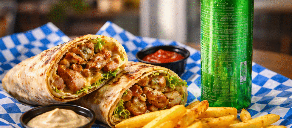 A close-up of a chicken shawarma wrap with crispy fries, dipping sauces, pickles, and a chilled green soda on a blue checkered tray at a casual restaurant in Kuwait.