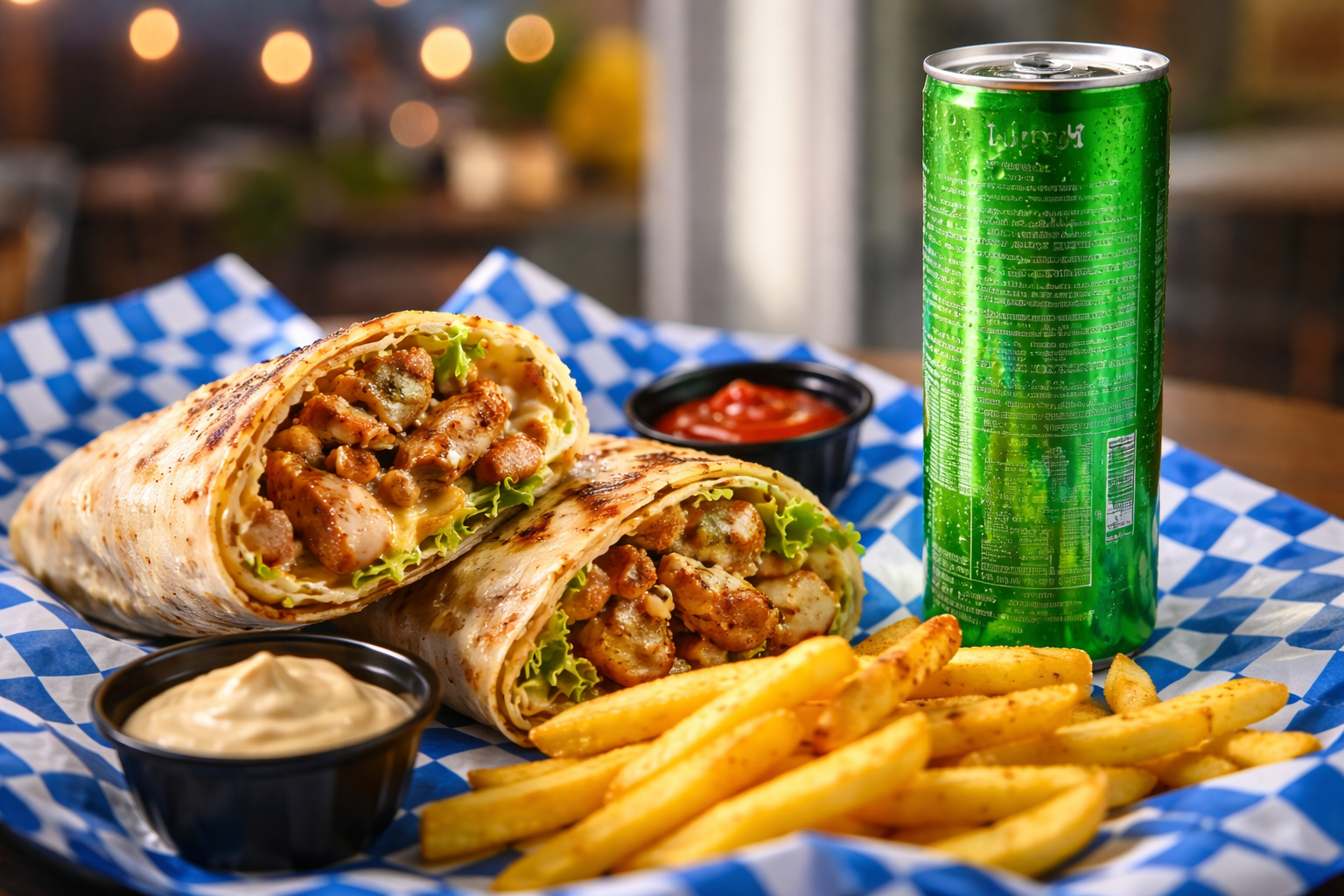 A close-up of a chicken shawarma wrap with crispy fries, dipping sauces, pickles, and a chilled green soda on a blue checkered tray at a casual restaurant in Kuwait.