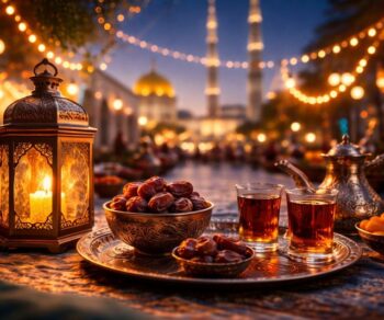 ChatGPT Image Feb 2, 2026, 08_12_22 PM A warm Ramadan evening scene with a glowing lantern, dates, tea glasses, a silver teapot, and soft lights with a mosque in the background.