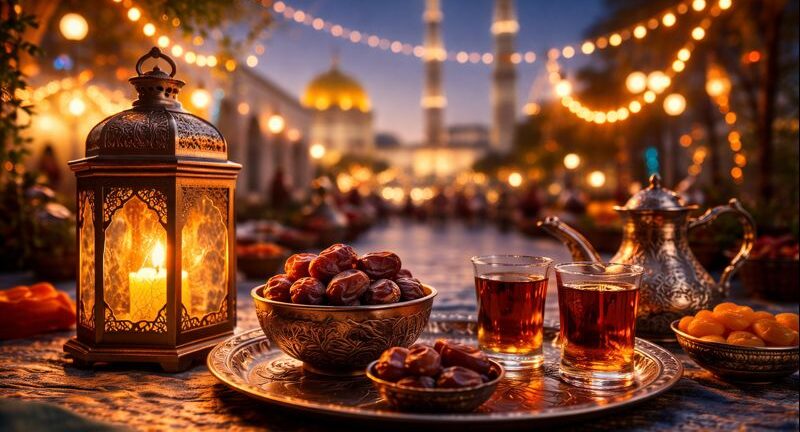 A warm Ramadan evening scene with a glowing lantern, dates, tea glasses, a silver teapot, and soft lights with a mosque in the background.