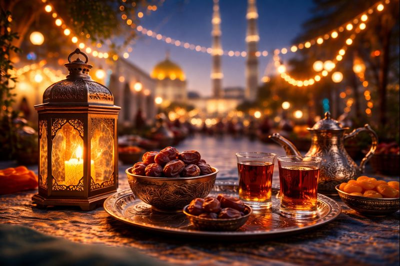 A warm Ramadan evening scene with a glowing lantern, dates, tea glasses, a silver teapot, and soft lights with a mosque in the background.